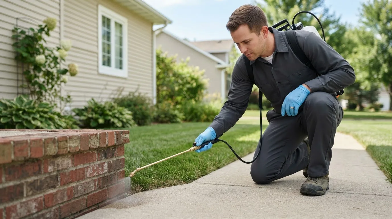 Pest control technician treating a home near Coleman, MI